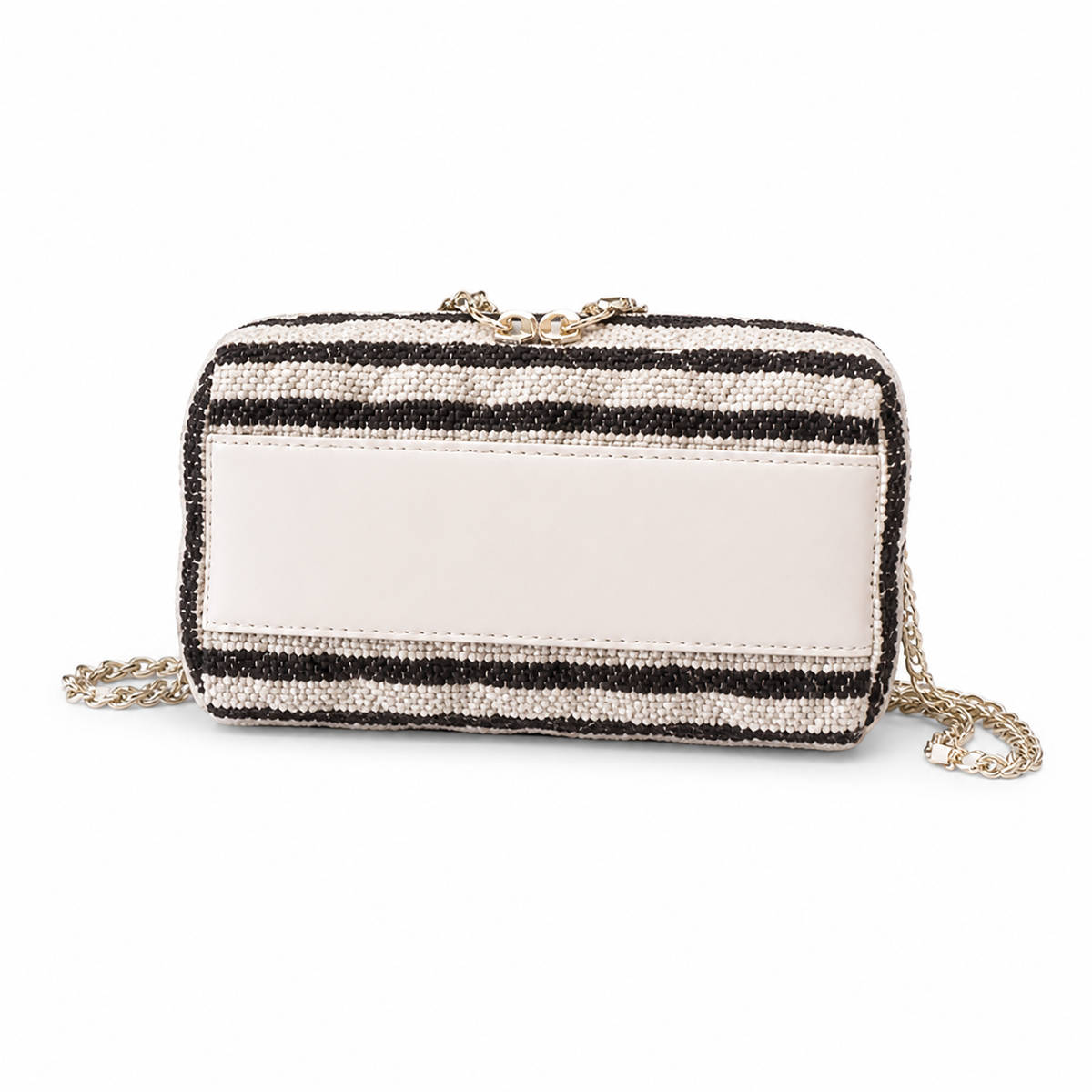 Chanel Black White Striped Woven Raffia Bowling Bag Gold Chain Strap CC Zip Pull Cream Leather Trim 18.5cm