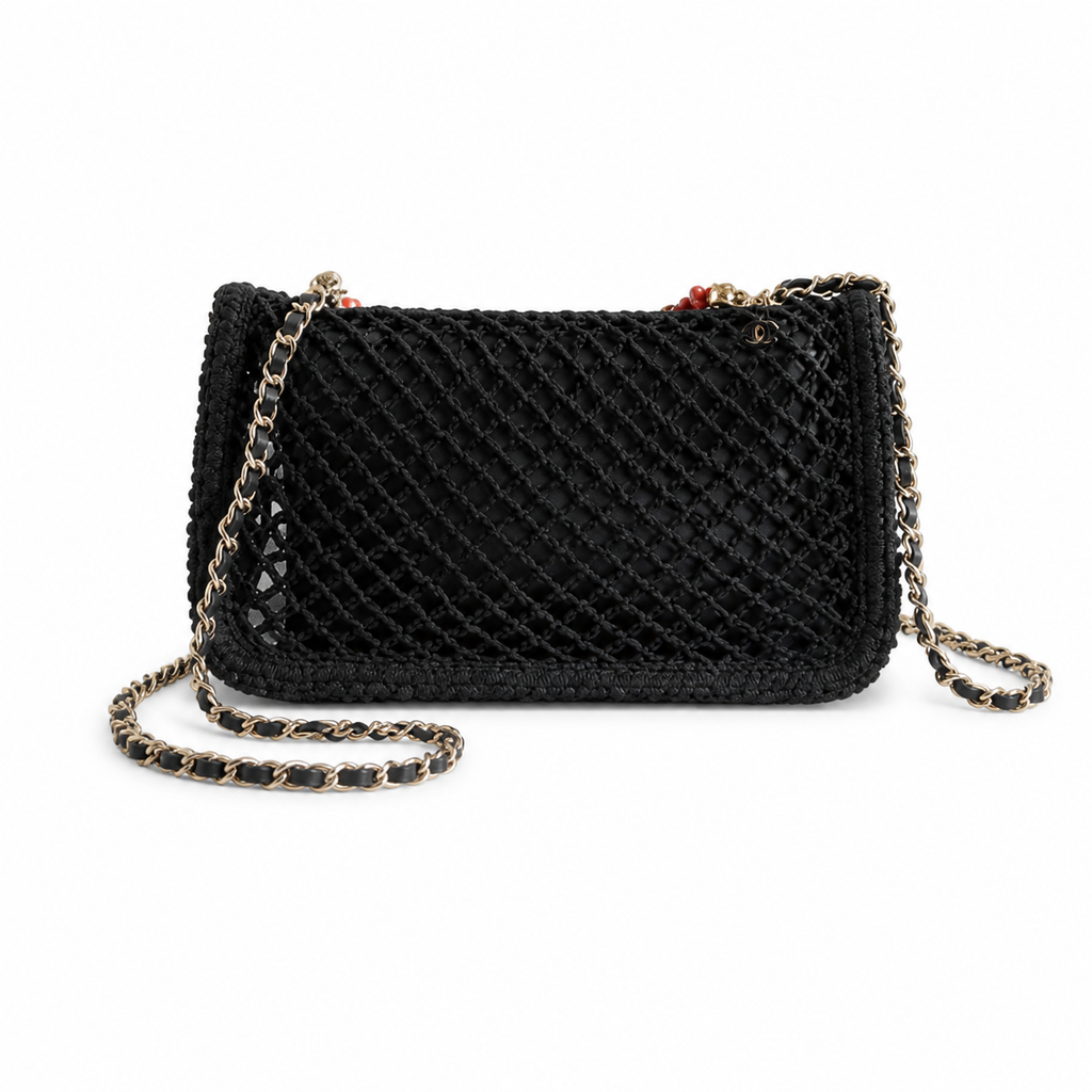 Chanel Black Mesh Flap Bag Gold Sea Creature Charms Red Coral Chain Cruise