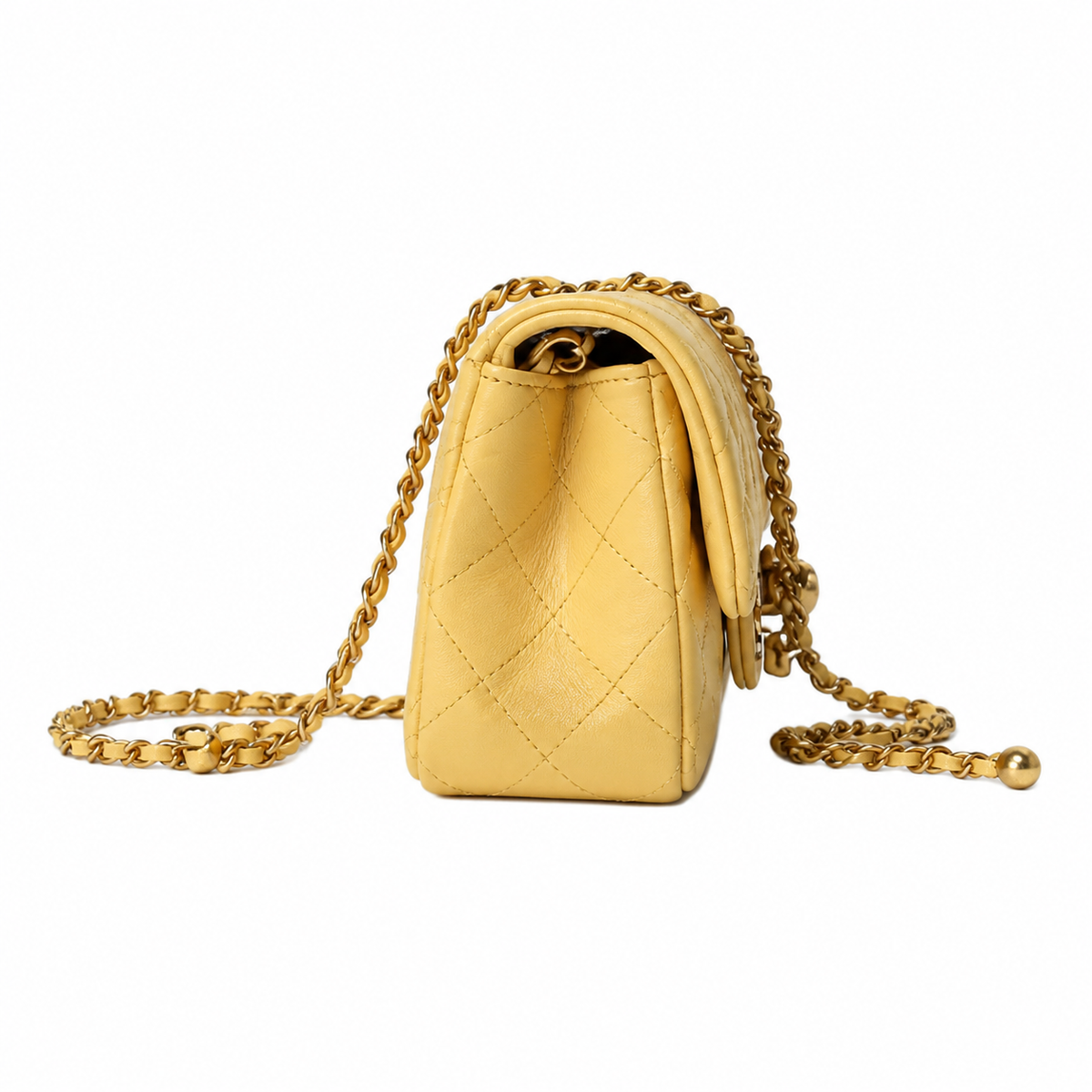 Chanel Pearl Crush Mini Flap Bag Butter Yellow Lambskin Aged Gold CC Turn-Lock Ball Charm Chain 20cm