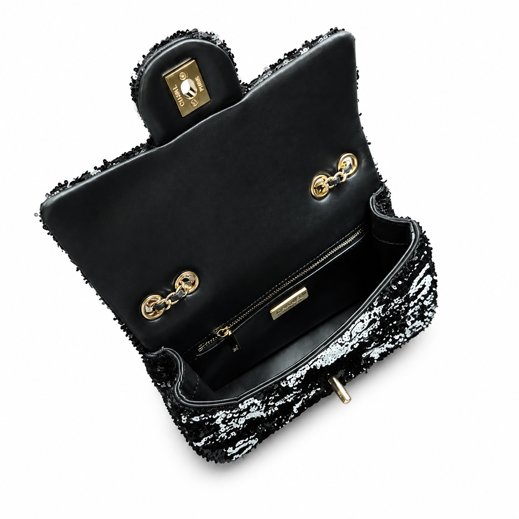 Chanel Sequin Flap Bag | Black & Silver Floral Sequin Gold Chain Strap | 21cm
