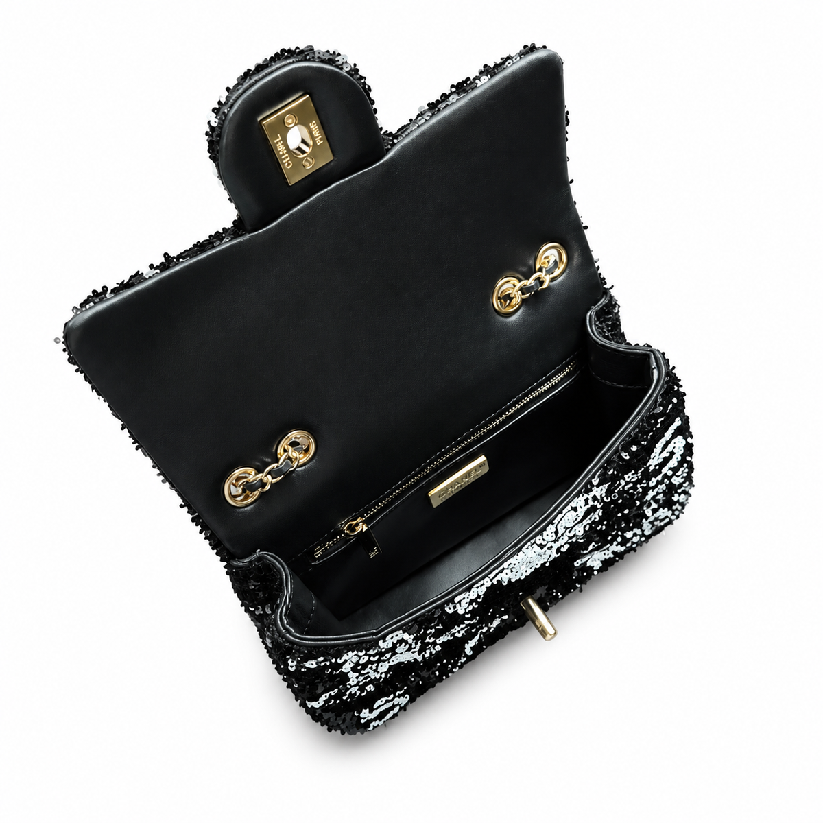 Chanel Sequin Flap Bag | Black & Silver Floral Sequin Gold Chain Strap | 21cm