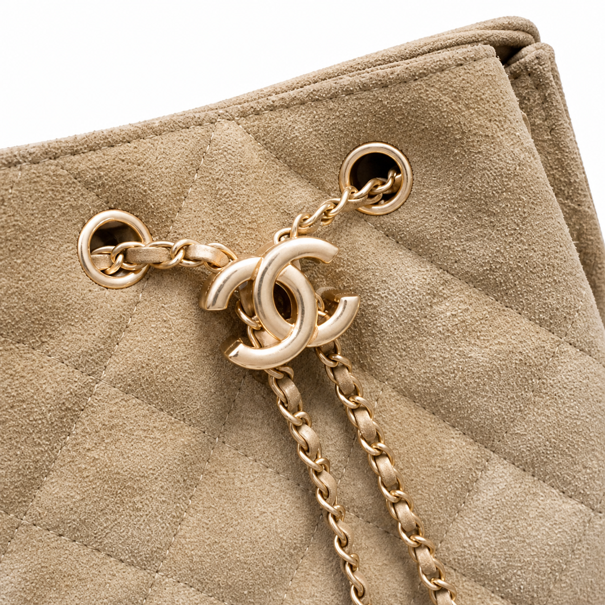 Chanel Quilted Suede Drawstring Bucket Bag Beige Gold Chain Tassel