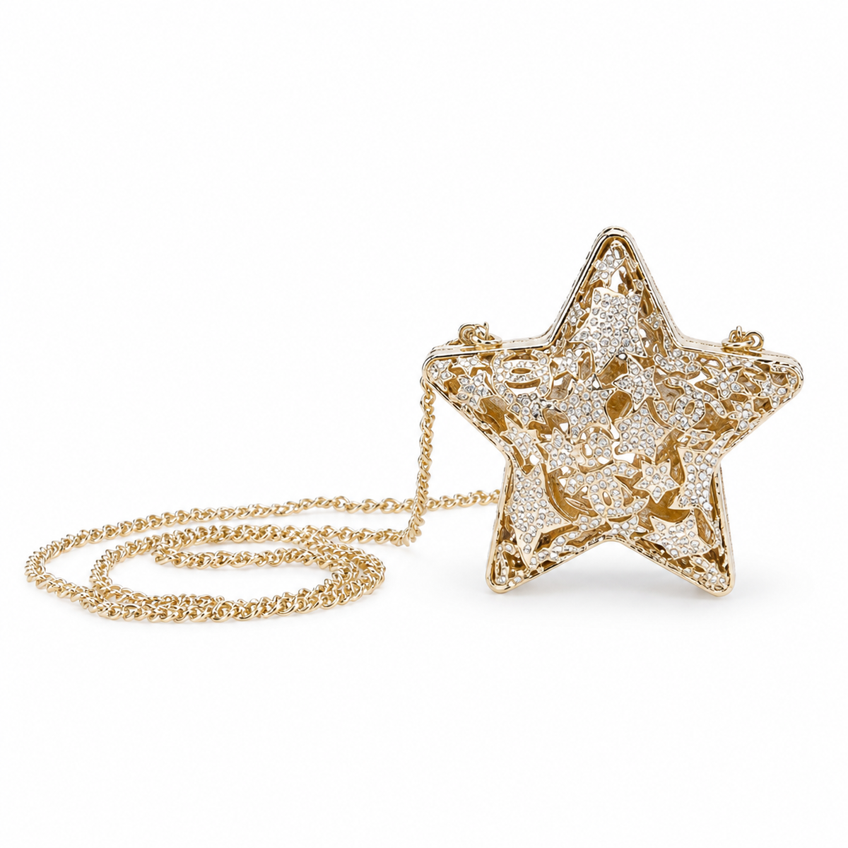 Chanel Gold Crystal Pavé Star Minaudière Evening Bag | CC Filigree | Gold Chain | 13cm