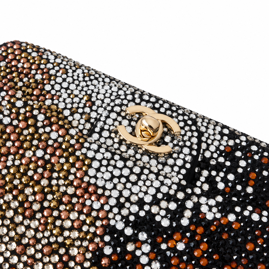 Chanel Crystal Leopard Print Full Rhinestone Mini Flap Evening Bag | Silver CC | Chain Strap | 20cm