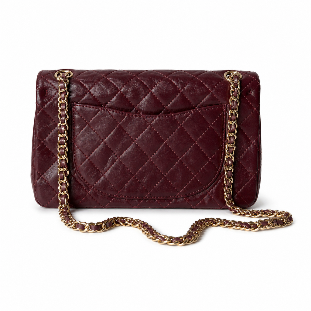 Chanel 2.55 Reissue 227 Burgundy Dark Wine Aged Distressed Calfskin Aged Gold Mademoiselle Lock Chain 24cm