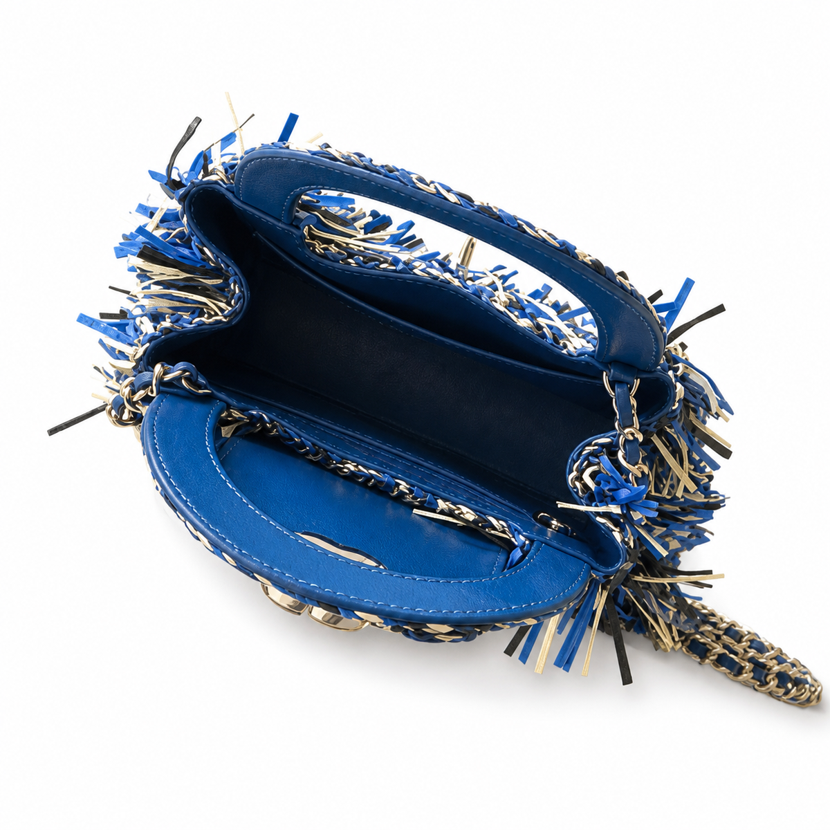Chanel Electric Blue Leather Woven Fringe Kelly Top Handle Bag Silver CC
