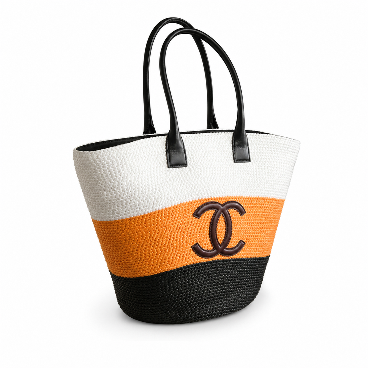 Chanel Beach Tote Bag | White Orange & Black Woven Raffia CC Logo Black Leather Handles | 58cm