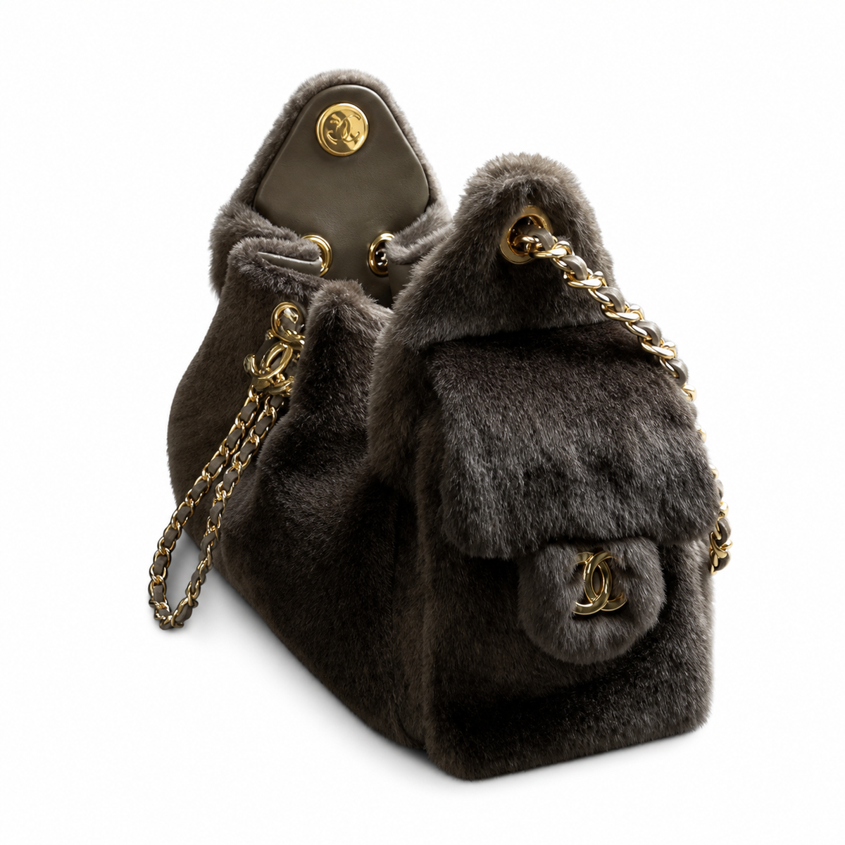 Chanel Taupe Faux Fur Drawstring Bucket Tote Bag Gold CC Chain
