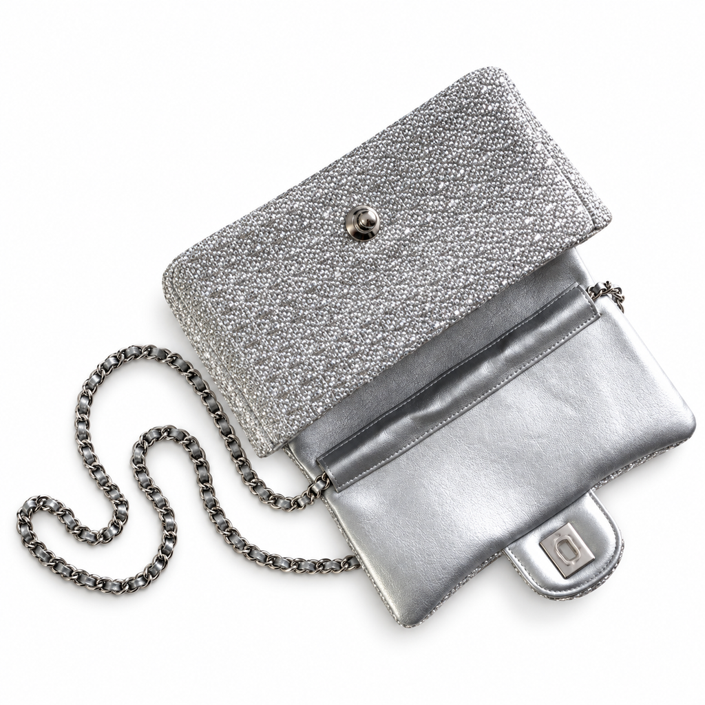 CHANEL Classic Flap Bag – Full Crystal Strass Embellished Silver Hardware Mini Crossbody 12.5×20.5×6cm