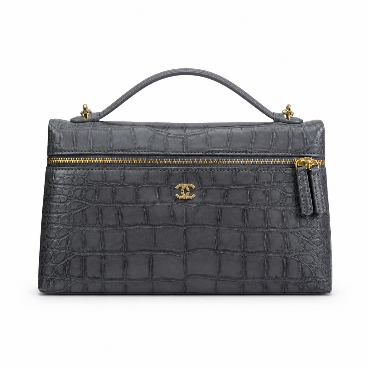 Chanel Flap Bag | Grey Crocodile-Embossed Leather Gold Chain Strap | Made in Italy