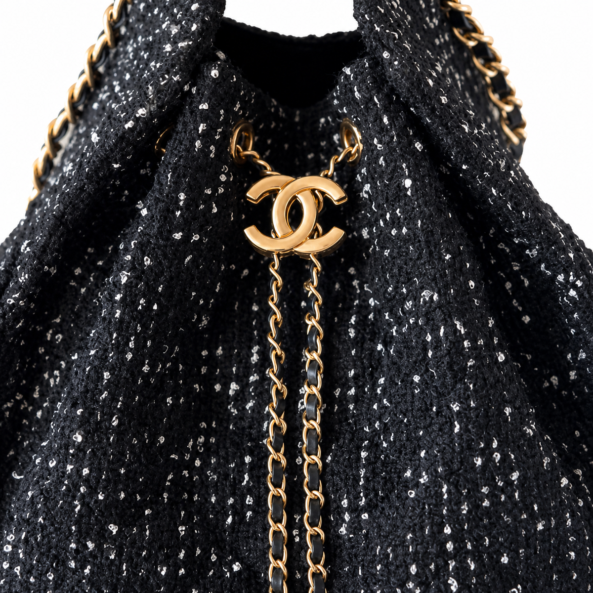 Chanel Black Sequin Tweed Large Drawstring Tote Bag with Pouch