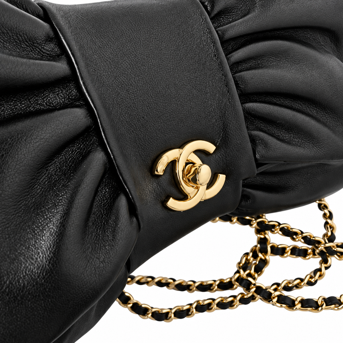Chanel Bow Bag Ruched Lambskin Chain Shoulder Bag Black 22cm