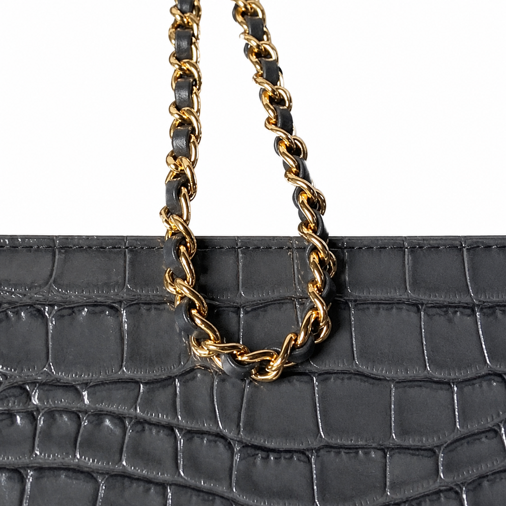 Chanel Flap Bag | Dark Grey Crocodile-Embossed Leather Top Handle & Gold Chain | 19.6cm
