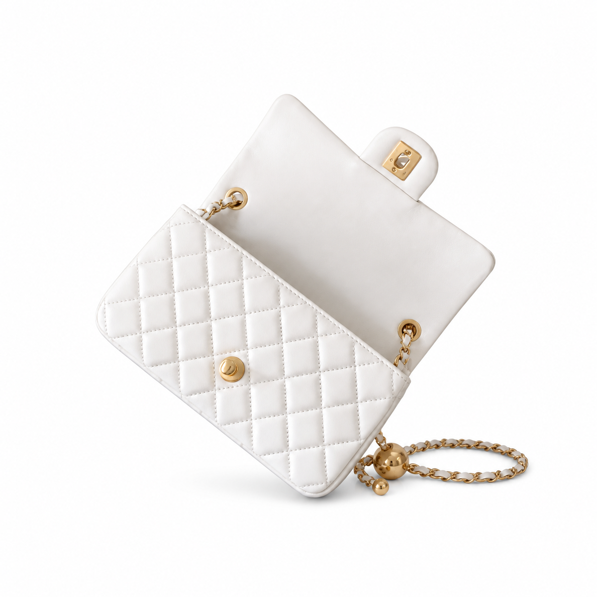 Chanel Classic Mini Square Flap Bag White Quilted Lambskin Antique Gold CC Turn-Lock Chain 20cm
