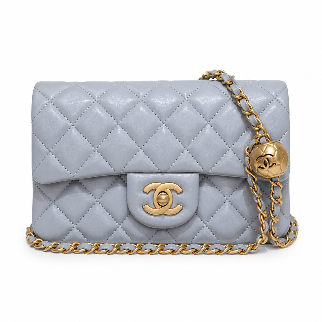 Chanel Pearl Crush Mini Flap Bag Powder Blue Lambskin Gold CC Turn-Lock Ball Charm Chain 20cm