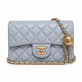 Chanel Pearl Crush Mini Flap Bag Powder Blue Lambskin Gold CC Turn-Lock Ball Charm Chain 20cm