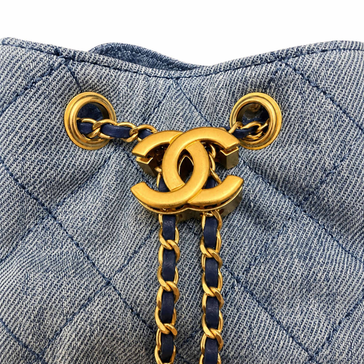 CHANEL Drawstring Bucket Bag – Blue Quilted Denim Gold Hardware CC Chain 26×13.5×30cm