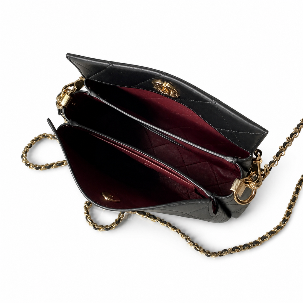 Chanel Top Handle Crossbody Bag | Black Quilted Lambskin Camellia Clasp Gold Chain | 23cm