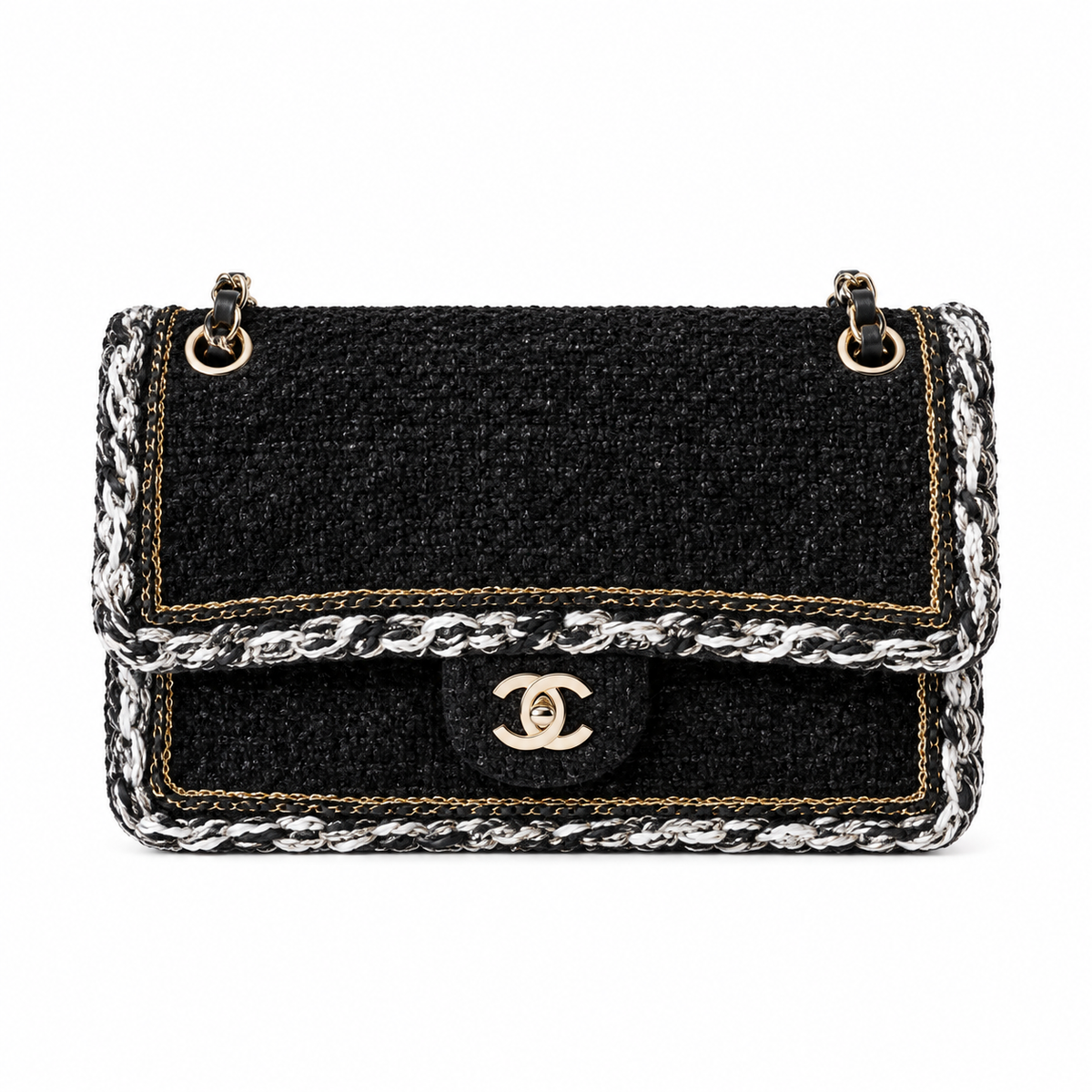 Chanel Classic Double Flap Tweed Black Gold White Trim 25cm