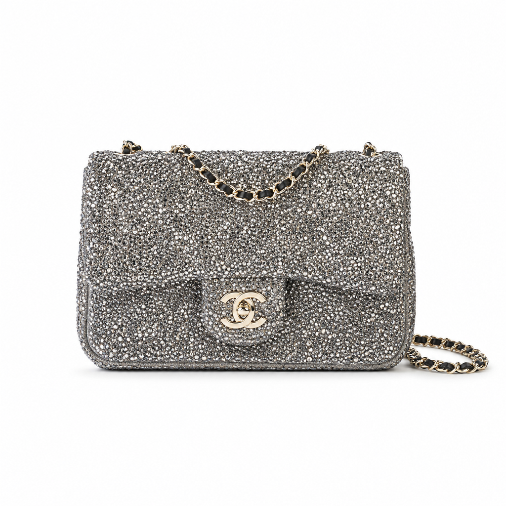 Chanel Grey Suede Monochrome Rhinestone Flap Bag | Silver-Grey Crystal Base, Black Hematite Scatter & Square CC Turn-Lock