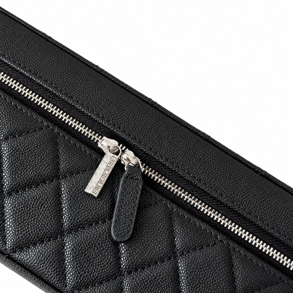 Chanel Black Caviar Quilted Elongated Long Vanity Case Silver CC Logo Double Zipper Silver Hardware 26cm