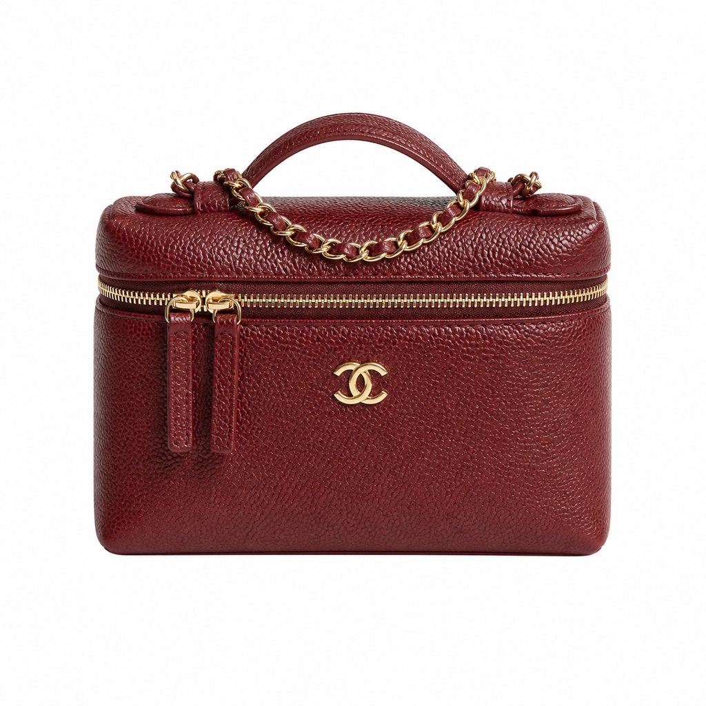 CHANEL Burgundy Caviar Leather Vanity Case Top Handle Chain Bag