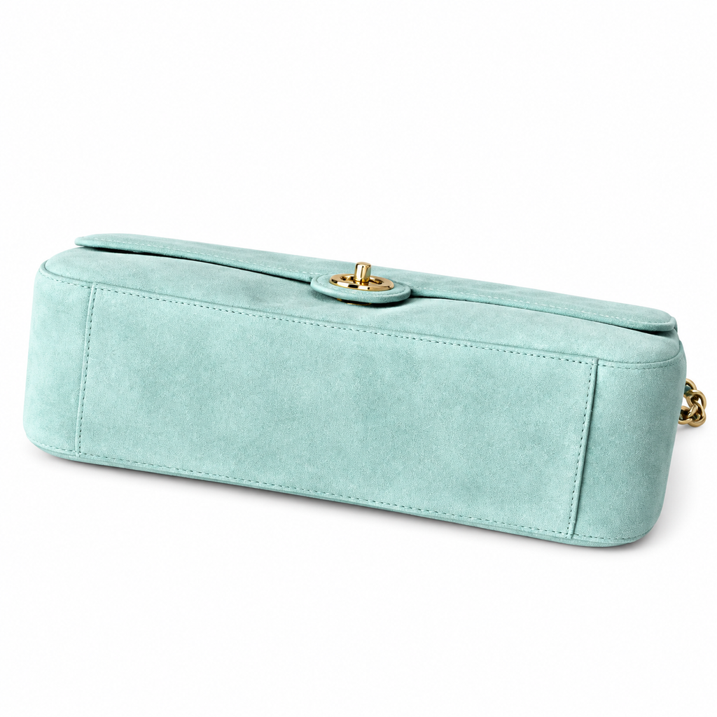 CHANEL Classic Double Flap Shoulder Bag – Mint Green Suede Aged Gold Hardware Jumbo 38.5×26×11cm