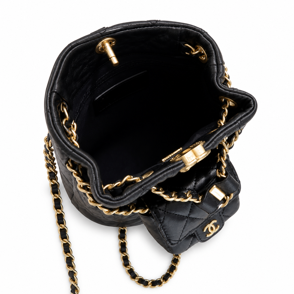 Chanel Black Quilted Leather Mini Duma Drawstring Backpack Gold CC Chain