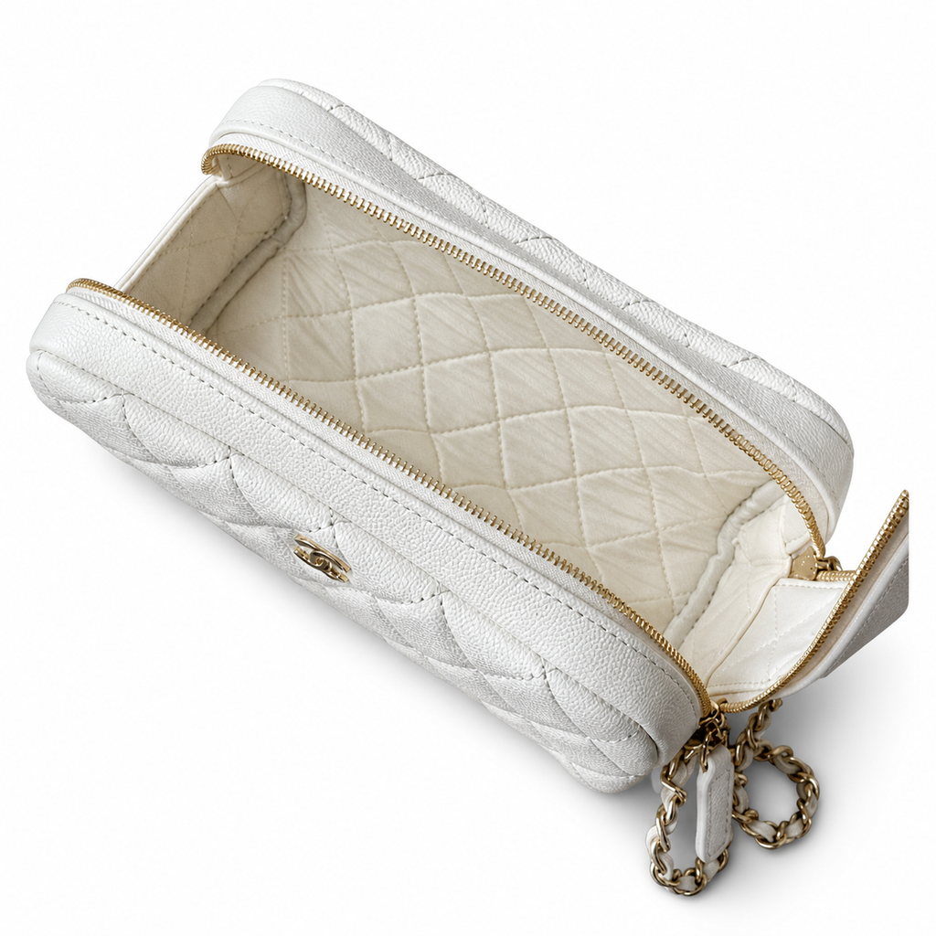 Chanel White Caviar Quilted Round Cylinder Clutch Tube Bag Gold CC Logo Silver Chain Strap 18cm