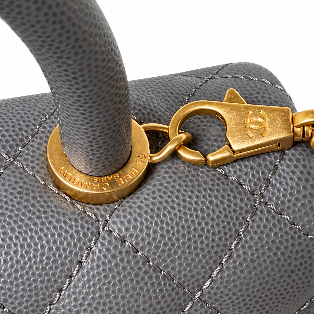 Chanel Gray Caviar Quilted Coco Handle Bag Aged Gold Hardware Back Pocket Chain Strap Made in Italy 23cm
