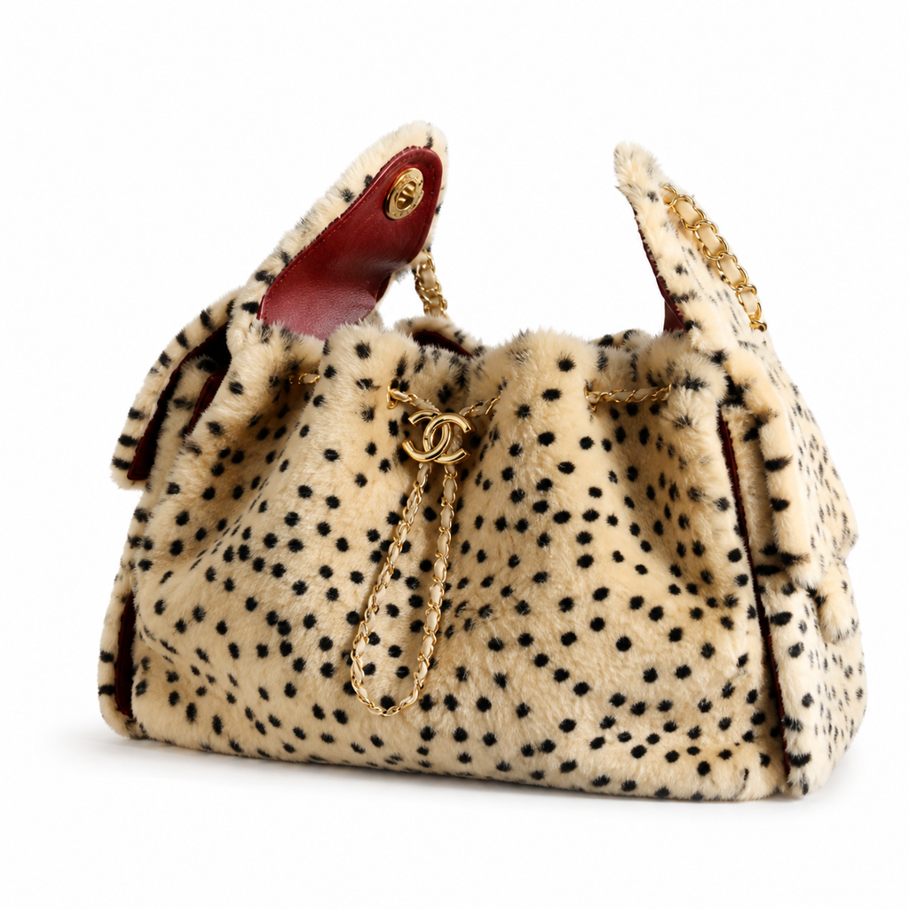 Chanel Spotted Faux Fur Fluffy Flap Bag Beige Black Gold Chain