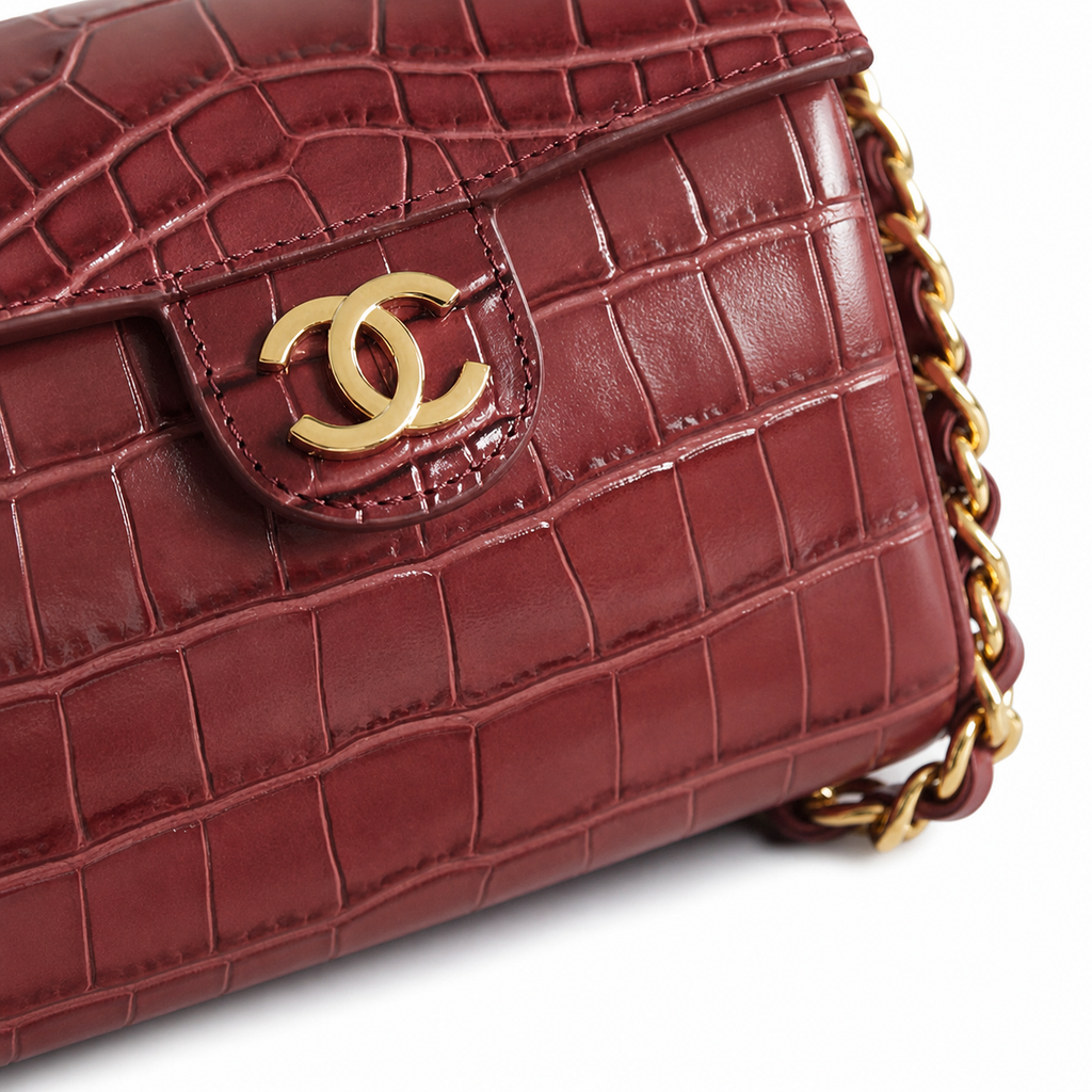 Chanel Deep Red Croc-Embossed Leather Box Flap Crossbody Bag | Gold Chain | 11×23×12.5cm