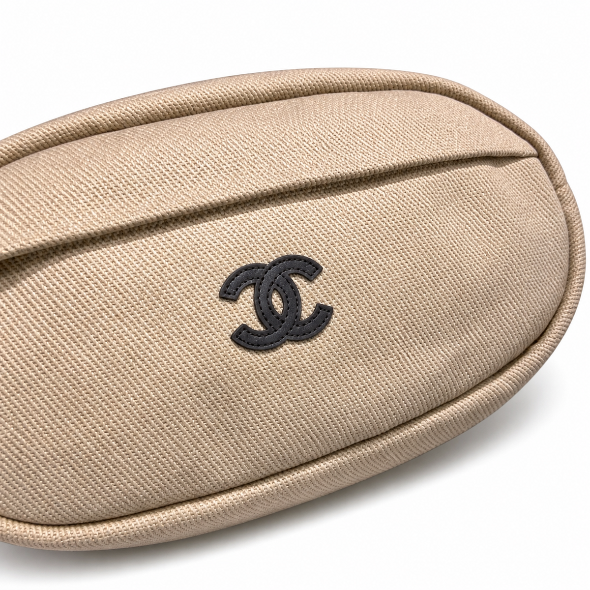 Chanel Beige Canvas Oval Sport Shoulder Bag | Black CC | Adjustable Strap | 17×32×13cm