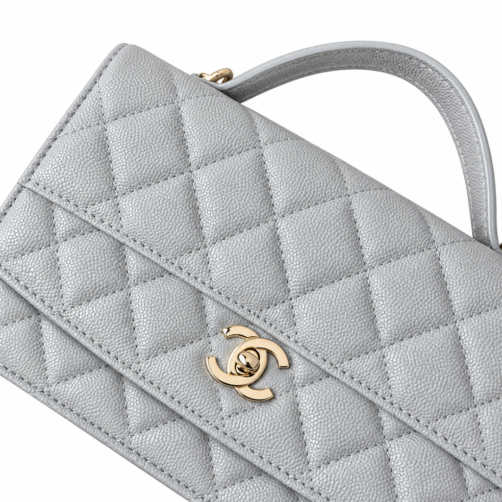 Chanel Mini Flap Bag with Top Handle Iridescent Light Blue Caviar Gold Hardware 18.5cm