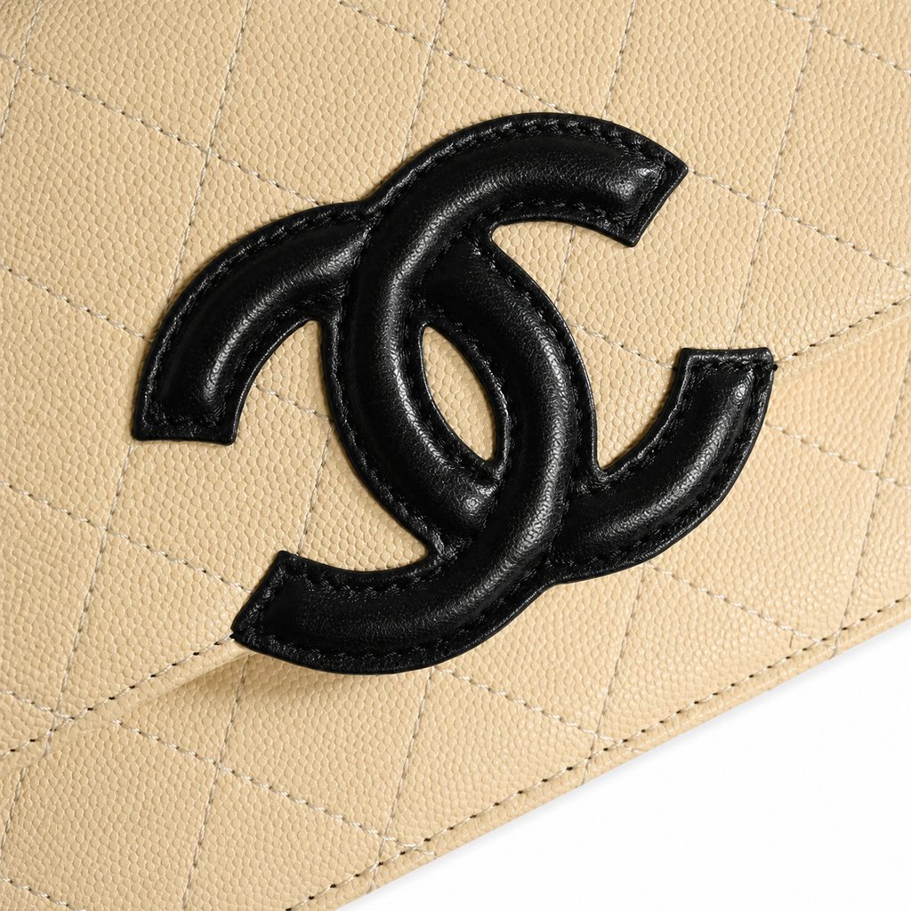 Chanel Bi-Color CC Appliqué Wallet on Chain WOC Beige Quilted Caviar Leather Black CC Gold Chain 19cm