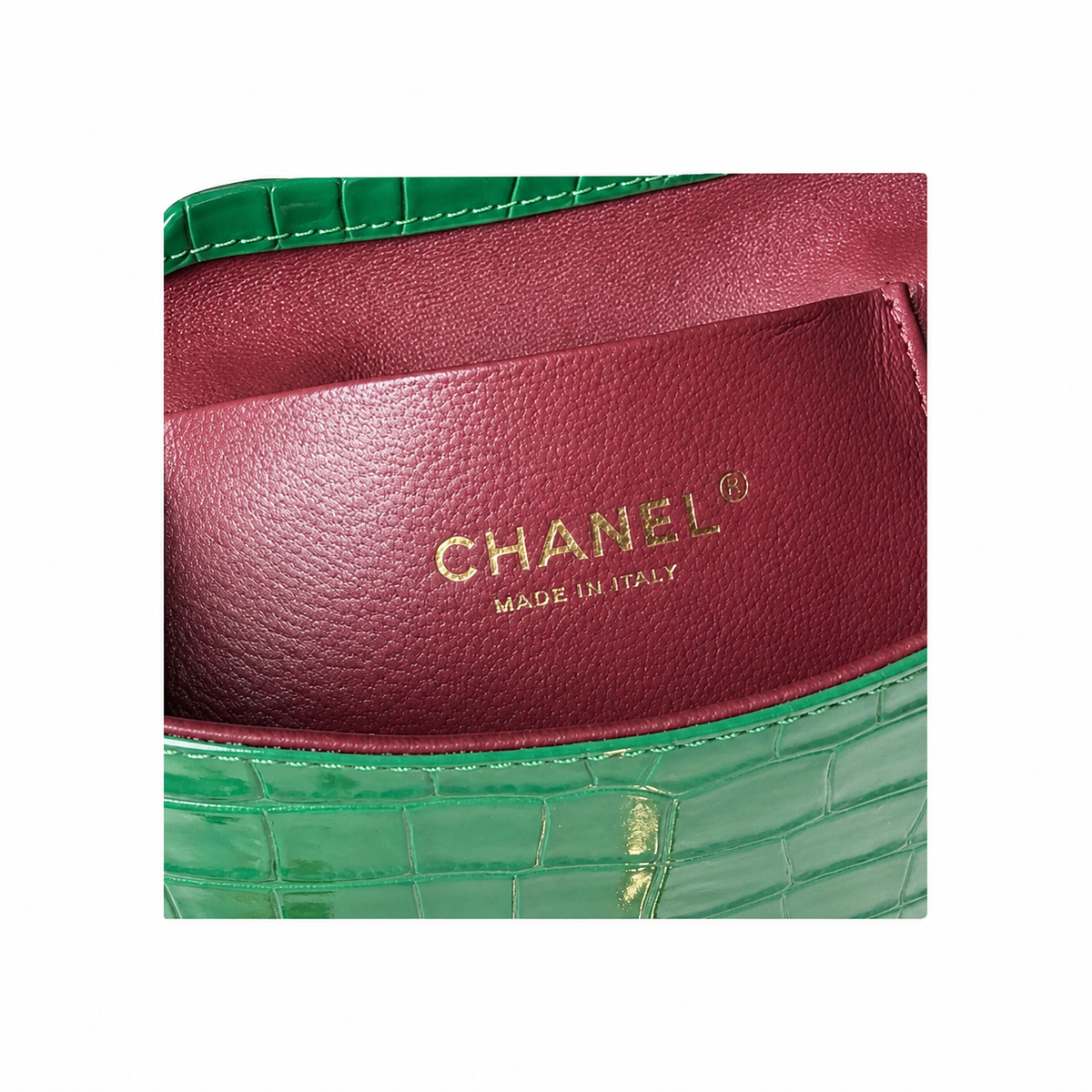 Chanel Flap Bag | Emerald Green Crocodile-Embossed Leather Top Handle & Gold Chain | 19.6cm