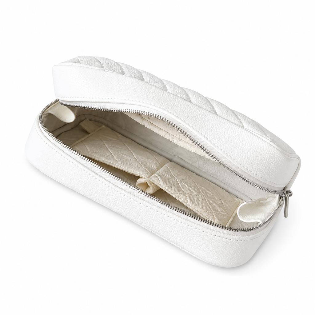 Chanel White Caviar Quilted Zip-Around Vanity Travel Case Silver CC Logo Engraved Zipper Pull Silver Hardware 21cm