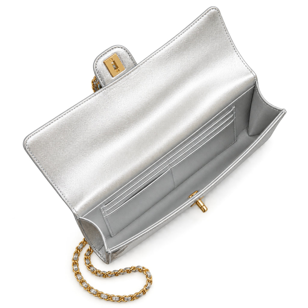 Chanel Silver Quilted Metallic Leather Elongated Flap Bag | Gold CC Lock | 9.5×25×5cm