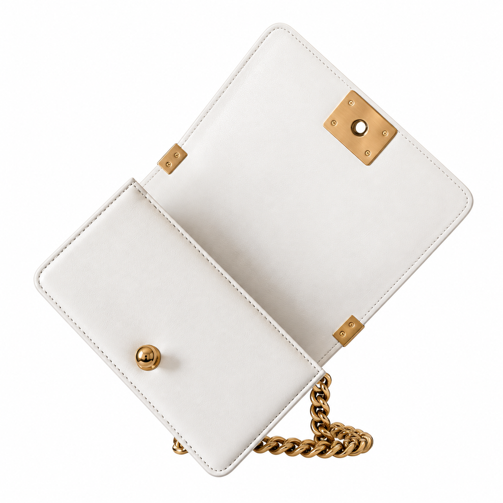 Chanel Boy Bag Small White Quilted Lambskin Antique Gold Chunky Chain CC Lock 20cm