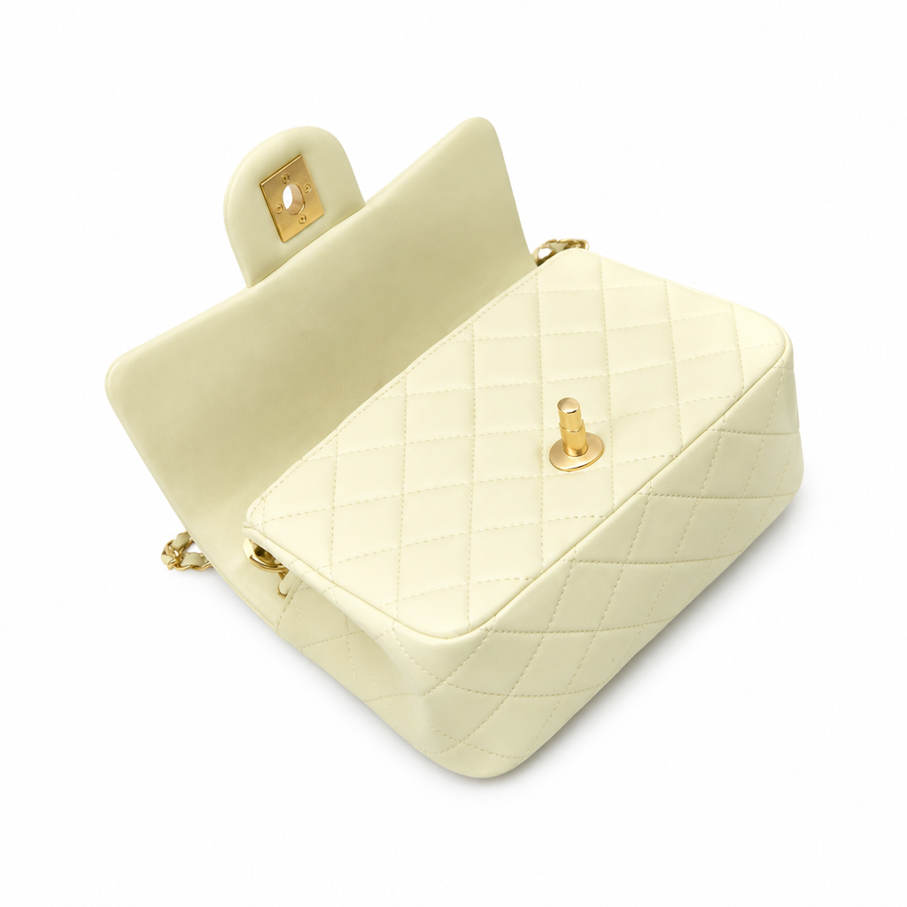 Chanel Pearl Crush Mini Square Flap Bag Cream Lambskin Gold Pearl Chain 18cm