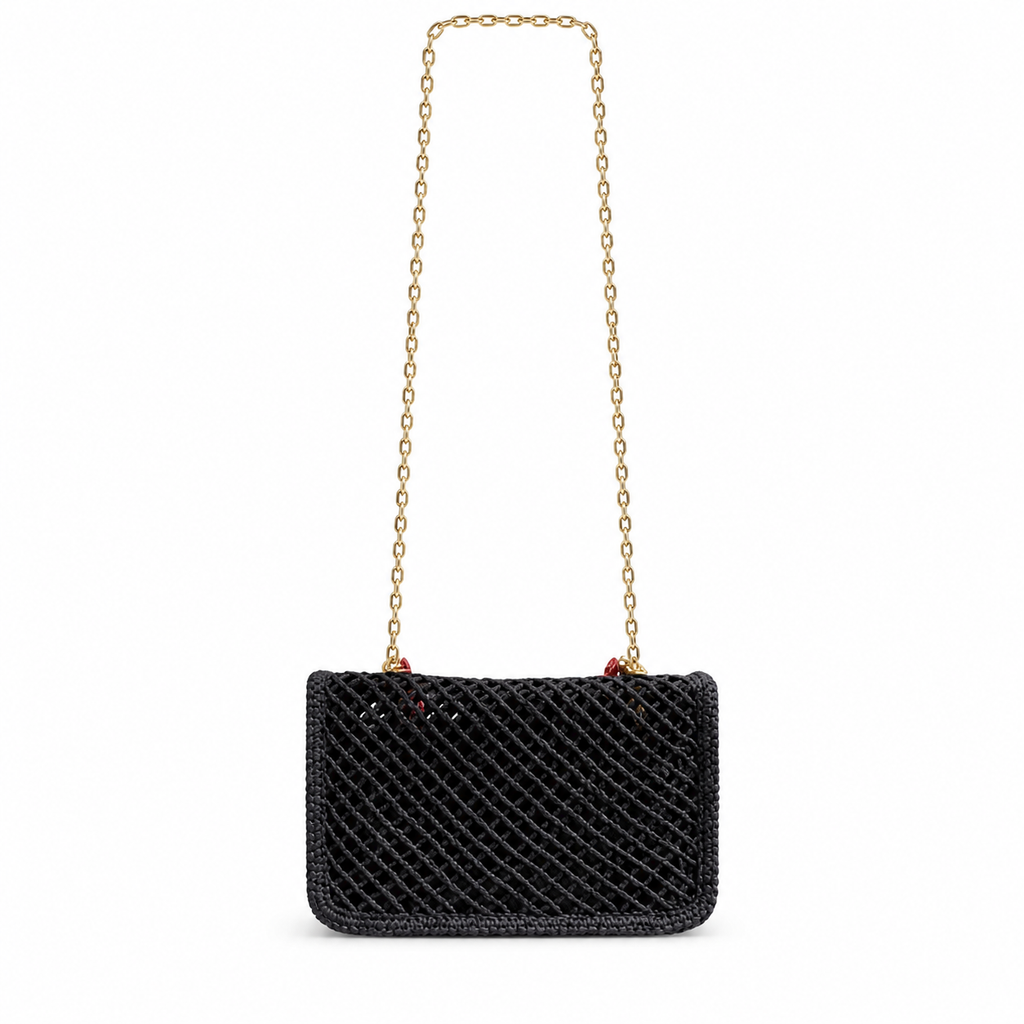 CHANEL Black Crochet Woven Flap Bag Gold Marine Charm Embellishments