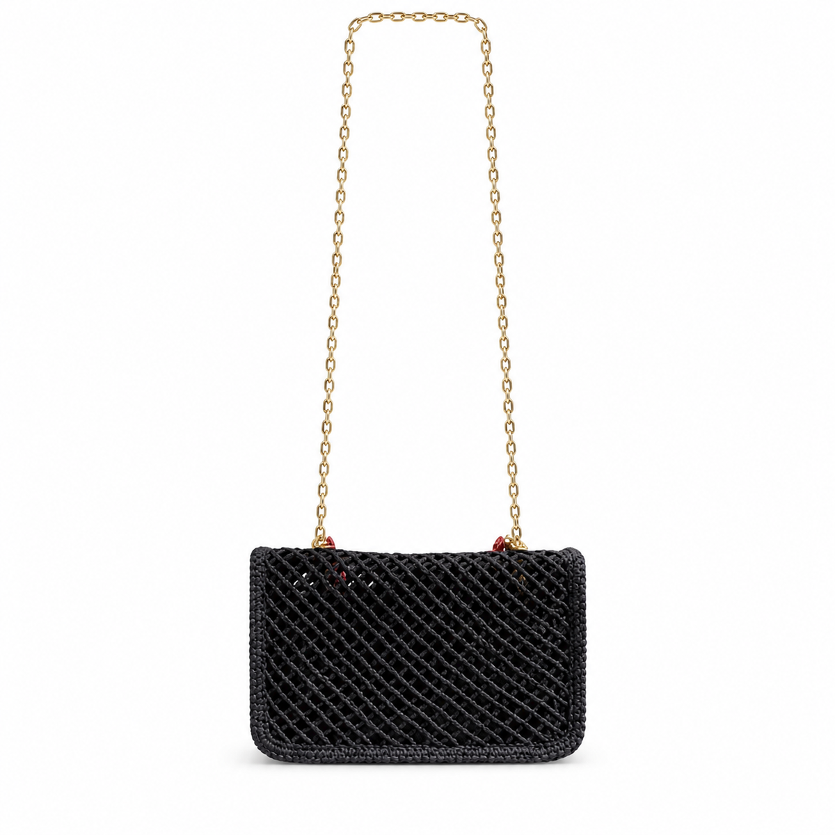 CHANEL Black Crochet Woven Flap Bag Gold Marine Charm Embellishments