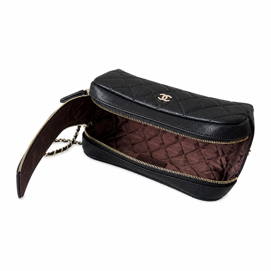 Chanel Black Lambskin Quilted Dome Demi-Lune Cosmetic Clutch Gold Zipper Silver Chain Wrist Strap Made in Italy 18cm