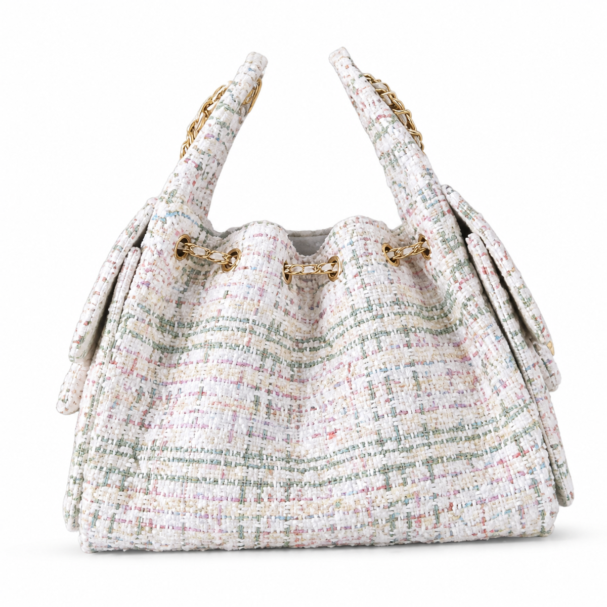 CHANEL Drawstring Bucket Bag – Ivory Pastel Tweed Light Gold Hardware CC Chain 26×13.5×30cm