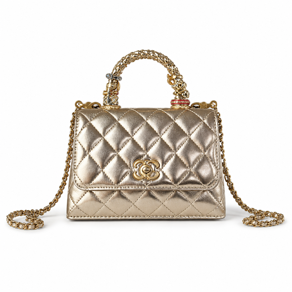 CHANEL Champagne Gold Quilted Leather Jewel Top Handle Flap Bag