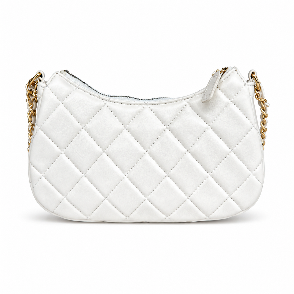 Chanel White Quilted Lambskin Mini Hobo Bag Gold Heart Enamel Chain CC