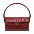 Chanel Burgundy Croc-Embossed Leather Barrel Flap Handbag | Gold CC | 11×23×12.5cm
