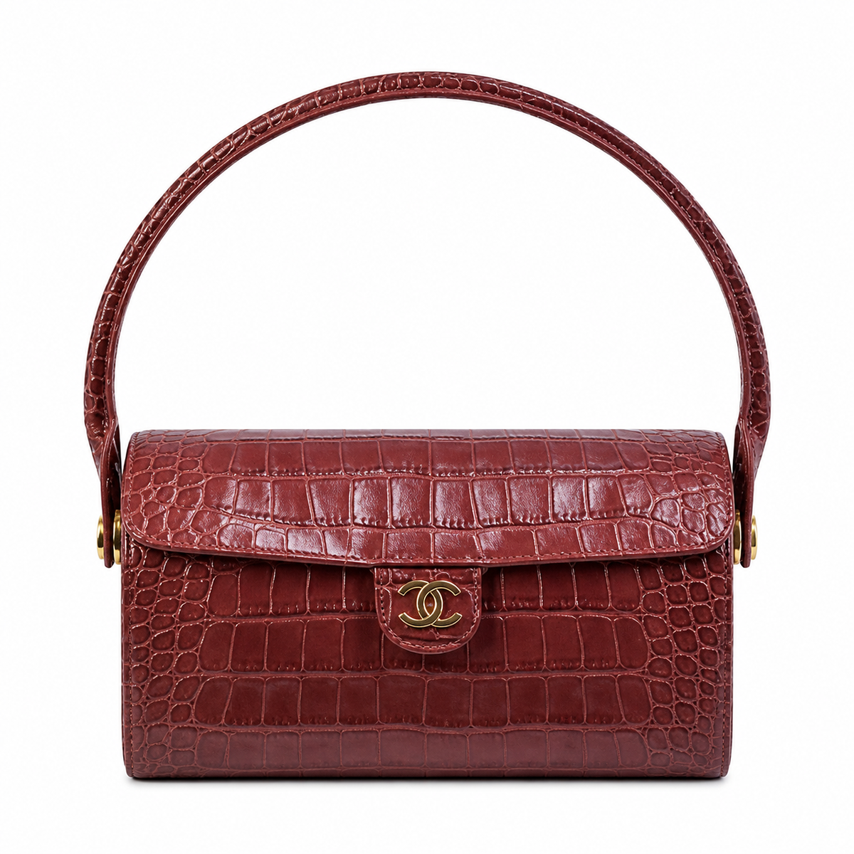 Chanel Burgundy Croc-Embossed Leather Barrel Flap Handbag | Gold CC | 11×23×12.5cm
