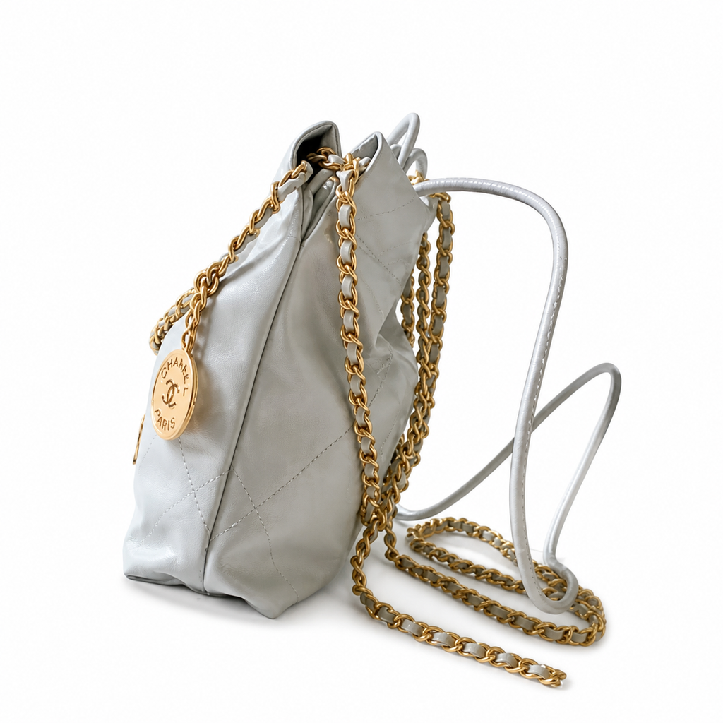Chanel 22 Mini Bag Pearl White Quilted Calfskin Gold Chain