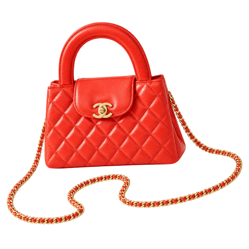 Chanel Coral Red Quilted Lambskin Mini Coco Handle Bag Gold Chain Made in Italy